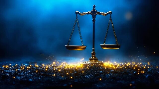 Majestic golden scales of balance sitting on dark glowing earth, illuminated by deep sapphire blue ethereal light, representing law and fairness.