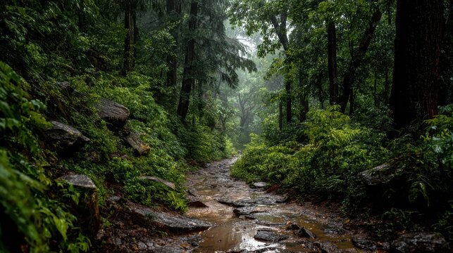 Misty and Muddy Path Winding Through a Dense, Lush Green Forest on a Rainy Day - Powered by Adobe