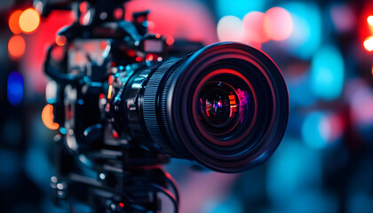 close-up shot of a camera lens mounted on a tripod, ideal for use in or filmmaking related projects