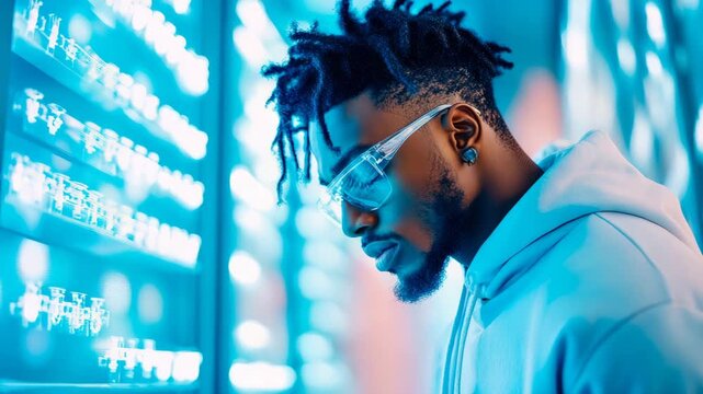 Young man with dreadlocks and futuristic glasses looking at digital interface, bathed in neon blue light, signifying innovation and technology.