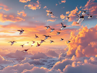 夕焼け空をバックに空を飛ぶペンギンの群れ
