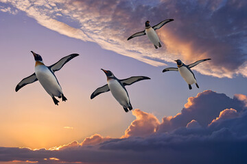 夕焼け空をバックに飛ぶ4匹のペンギン
