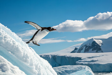 南極の大地から飛び立つペンギン
