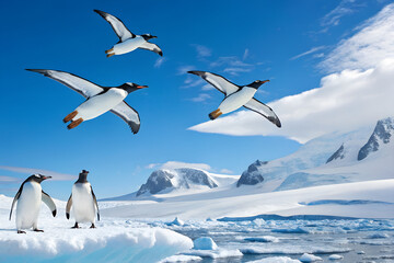 南極の上空を飛ぶペンギンと陸地に立つペンギン
