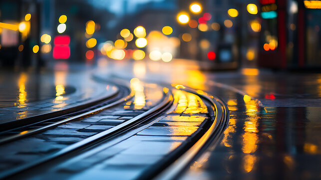 Cityscape reflections shine on tram tracks after rain, bokeh lights dance in the background, creating a magical, blurred urban night scene. A blend of grit and glamour. - Powered by Adobe