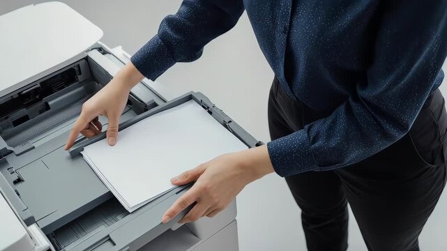 Worker loading fresh white paper into the paper tray of a modern office printer