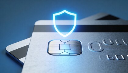 Credit Card with Glowing Shield Icon above Chip for Ecommerce Fraud Prevention and Payment Security Safeguard, Minimalist Card without Numbers or Magnet Stripe on High-Tech Background