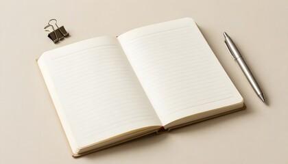 An open notebook with clean, blank pages ready to capture thoughts, ideas, and creativity, lying alongside a pen and clip. This image evokes feelings of productivity, learning, and self-expression.