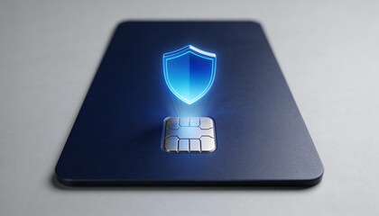 Credit Card with Glowing Shield Icon above Chip for Ecommerce Fraud Prevention and Payment Security Safeguard, Minimalist Card without Numbers or Magnet Stripe on High-Tech Background