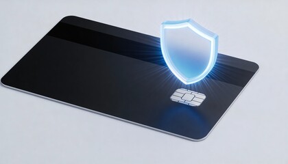 Credit Card with Glowing Shield Icon above Chip for Ecommerce Fraud Prevention and Payment Security Safeguard, Minimalist Card without Numbers or Magnet Stripe on High-Tech Background