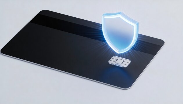 Credit Card with Glowing Shield Icon above Chip for Ecommerce Fraud Prevention and Payment Security Safeguard, Minimalist Card without Numbers or Magnet Stripe on High-Tech Background - Powered by Adobe