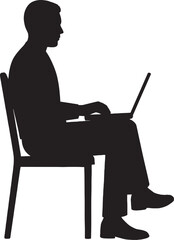 Black and White Silhouette of a Man Sitting on a Chair Using a Laptop on white background 