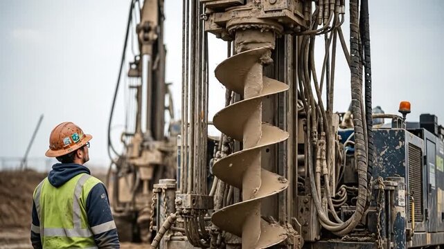 Heavy Machinery Operator in Safety Gear Working on Drilling Equipment at Construction Site