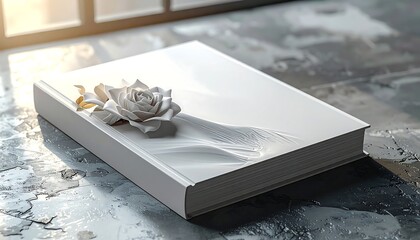 A pristine white hardback book with a delicate floral embellishment rests on a textured surface bathed in soft light
