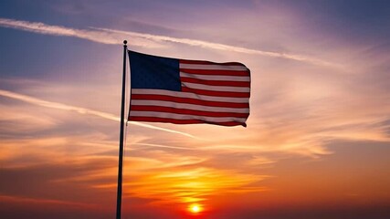 American flag vigorously waving under patriotic sunset sky.