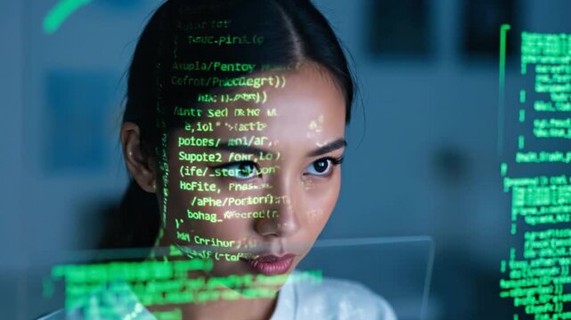 Young Woman Programmer Working on Futuristic Interface with Green Code Overlay.