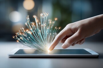 Finger touching digital tablet creating sparkling fiber optic effect