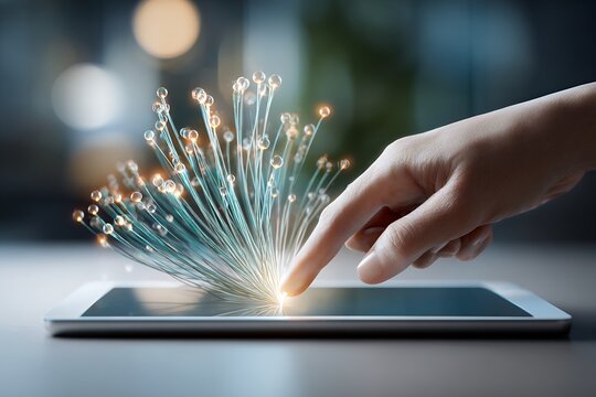 Finger touching digital tablet creating sparkling fiber optic effect - Powered by Adobe