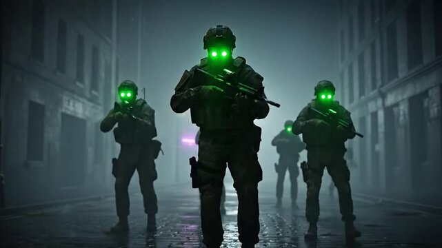 Three Special Forces soldiers walk foggy dark urban street at night.