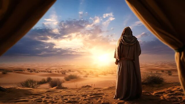 Faceless Old Testament figure emerging from tent looking toward sky, symbolizing ancient biblical nomadic life and Middle Eastern people, defocused desert landscape, with copy spac