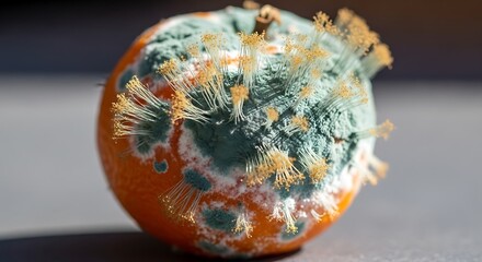 Decomposed citrus fruit shows extensive fungal growth and decay