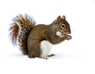 Obraz premium A gray squirrel sits in the snow, eating. Its bushy tail curves up behind it, fur detailed, eyes focused. The background is plain white