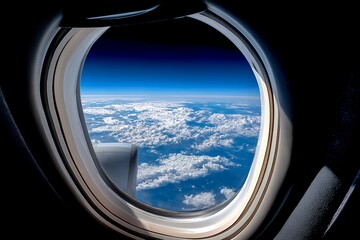 Fototapeta premium Aerial view of clouds and horizon through airplane window