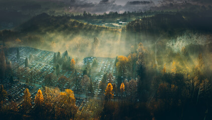 Cmentarz Podg&oacute;rski z porannymi mgłami, Krak&oacute;w