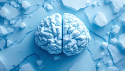 Human brain madr from ice symbolizing frozen intelligence, mental resilience, neuroscience research.