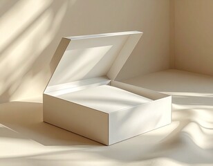 Premium white gift box mockup with open lid on neutral background with elegant sunlight shadows.