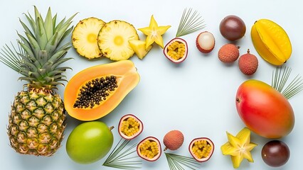 Exotic tropical fruits arrangement for summer vibes and healthy lifestyle