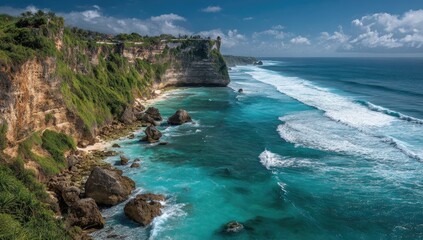 A stunning coastal scene with lush green cliffs, turquoise waters, and gentle waves