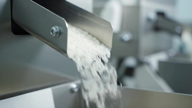 A close-up shot with shallow depth of field captures bright, clean white rice grains pouring from a metallic silver, stainless steel chute in a modern food processing facility.