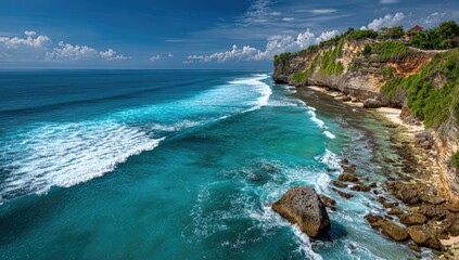 Scenic coastal view showcasing turquoise ocean waves meeting rocky cliffs under a bright blue sky
