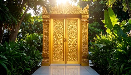 A grand, golden portal framed by lush greenery and sunlight. The ornate doors, seemingly leading to paradise, radiate light