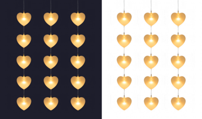 Hanging heart pendant lamps arranged in a vertical grid for Valentine marketing, wedding reception decor and anniversary invitations plus greeting card layouts with copy space on a blank background