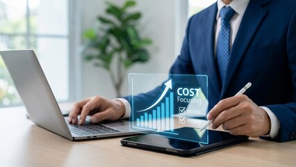 Businessman using digital interface for cost focusing and financial growth strategy in modern office.