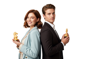 Corporate strategy planning and leadership game concept with business partners holding chess pieces of king and knight to represent smart tactical moves or competition in global market trade