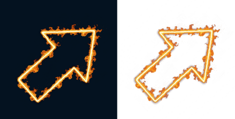 A blazing fire arrow pointing diagonally upward signifies rapid commercial progress and hot market trends illustrating aggressive financial growth and rising profits on dark and white backgrounds