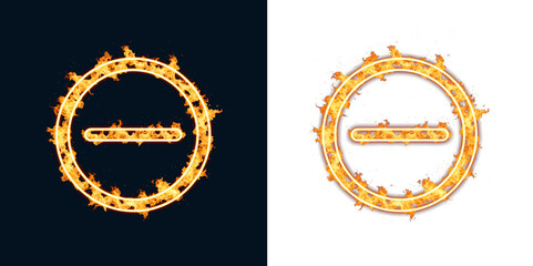 Minus circle icon with burning flame outline for remove and subtract actions in app buttons, negative value indicator for settings panels and calculator interface controls across dashboard toolbar UI