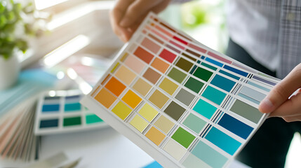 Close-up shot of a person holding a color palette with various shades. A tool to select and match colors for design projects in art, fashion, and interior design.
