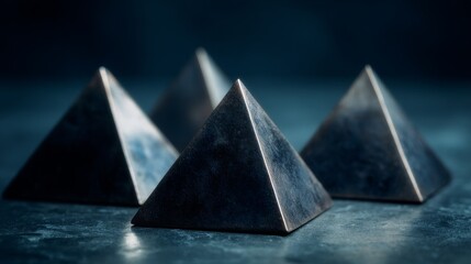 Abstract arrangement of smooth dark metallic pyramids reflecting light on a deep blue surface