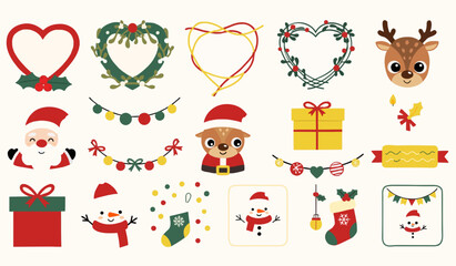 Fototapeta premium Christmas icons set with snowman and heart wreaths