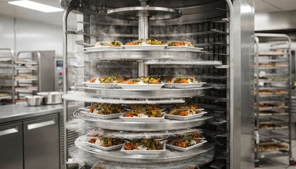 Medium shot showcasing spiral chillers rotating trays rapidly cooling hot meals while compactly optimizing space in a commercial kitchen setting.