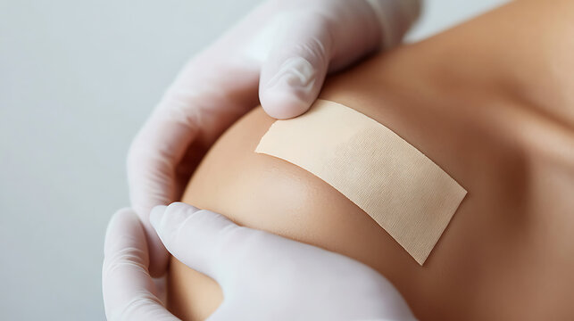 Close-up shot capturing a healthcare professional in white gloves applying a skin-toned bandage to a patient's shoulder, emphasizing care and medical attention. - Powered by Adobe