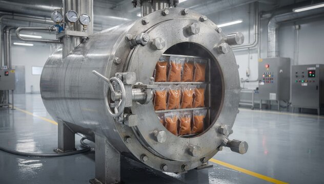 Medium shot of a highpressure processing vessel applying intense pressure to sealed sauce pouches to ensure food safety and extend shelf life in a controlled industrial setting.