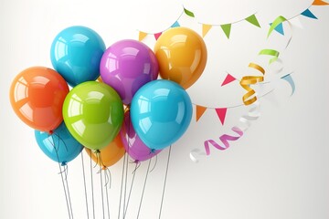 Colorful balloons and party decorations on white background