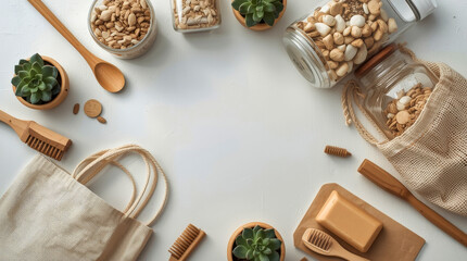 Styled flat lay of sustainable living products