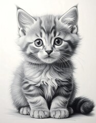 Obraz premium A grayscale illustration of a fluffy kitten with wide eyes sitting upright and looking directly at the viewer. Soft shading creates a gentle, warm feeling