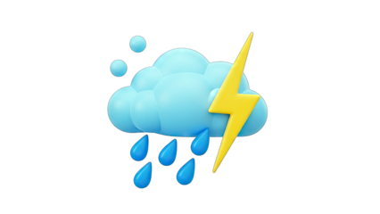 3D Rendered Storm Cloud with Lightning and Rain on White